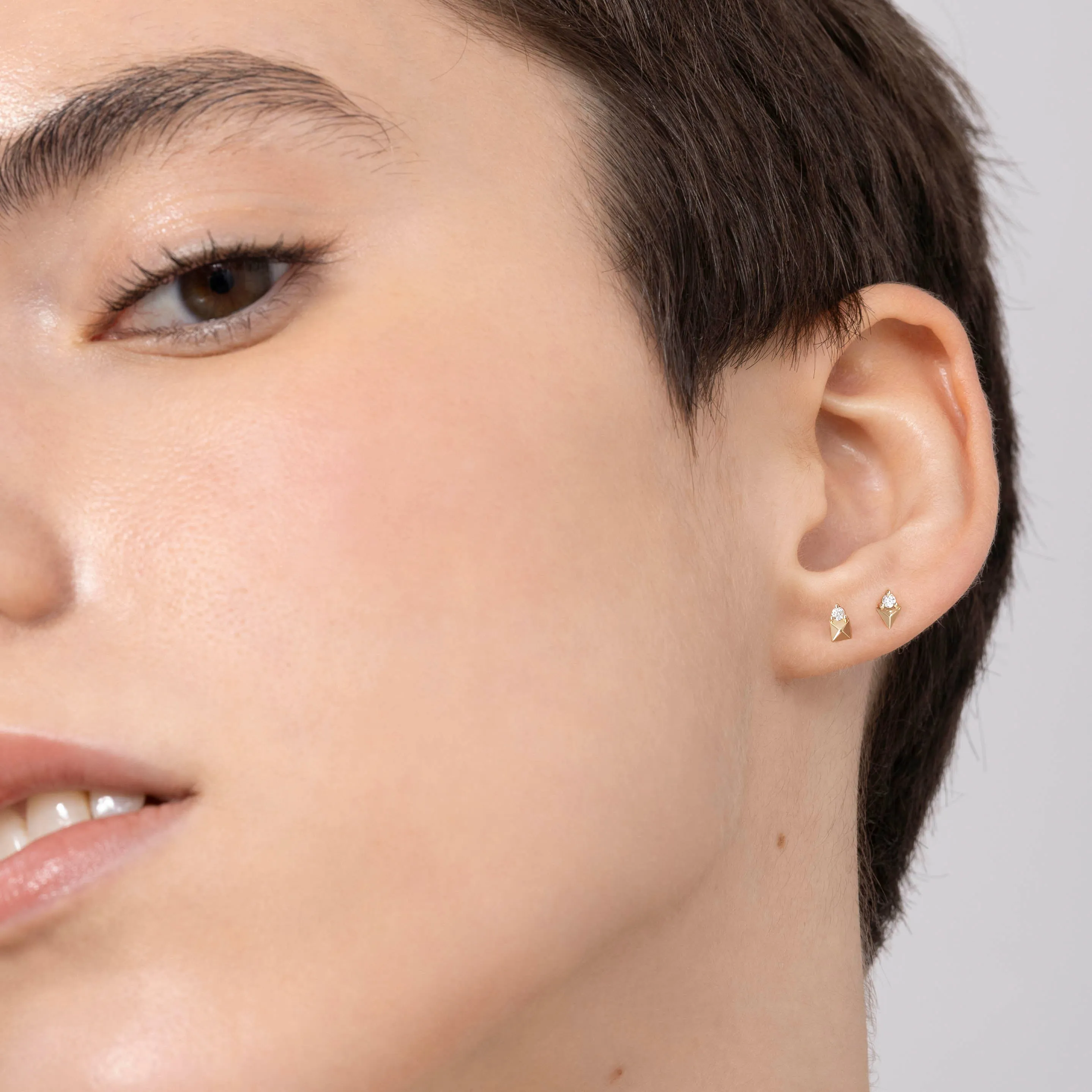 14K Solid Gold Pyramid Diamond Flatback Earring