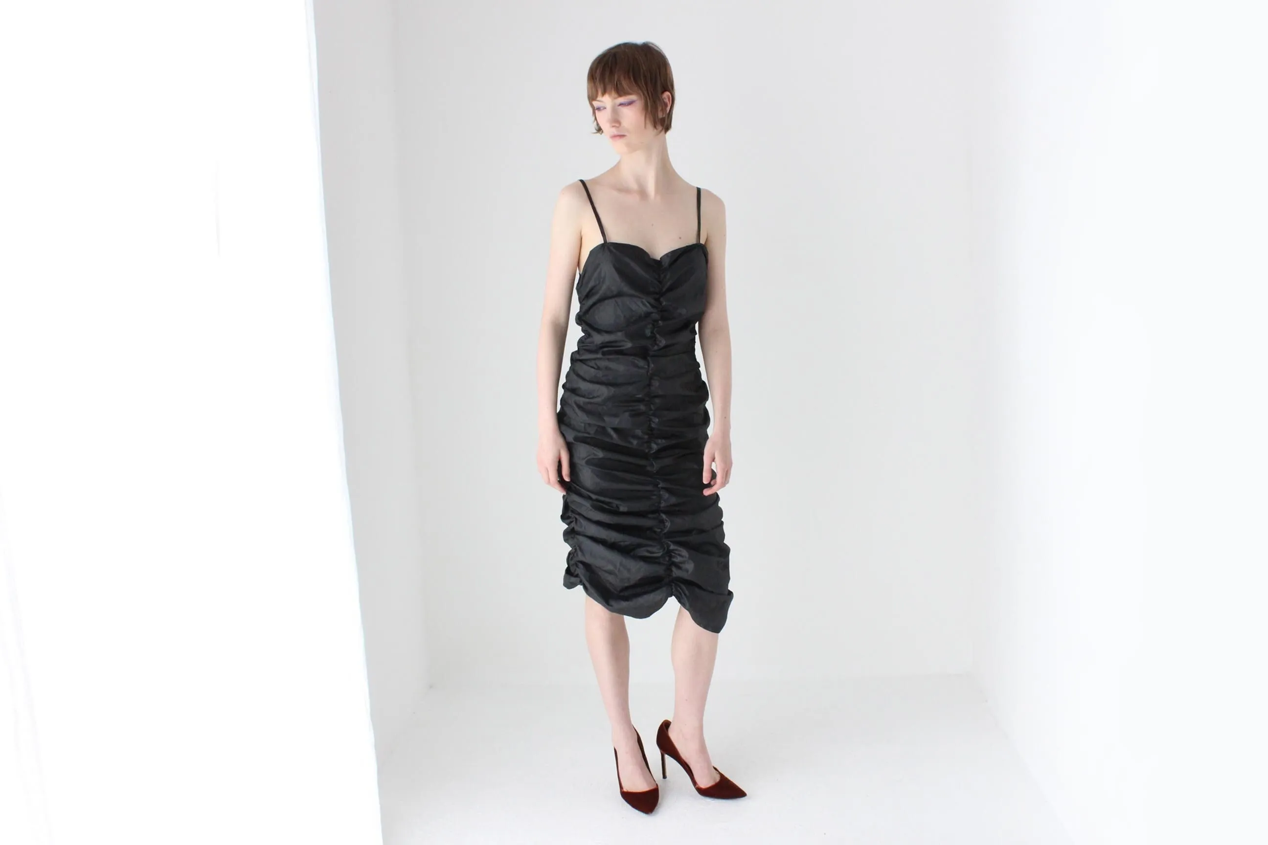 80s Metallic Ruched Taffeta Bustier Corset Party Dress