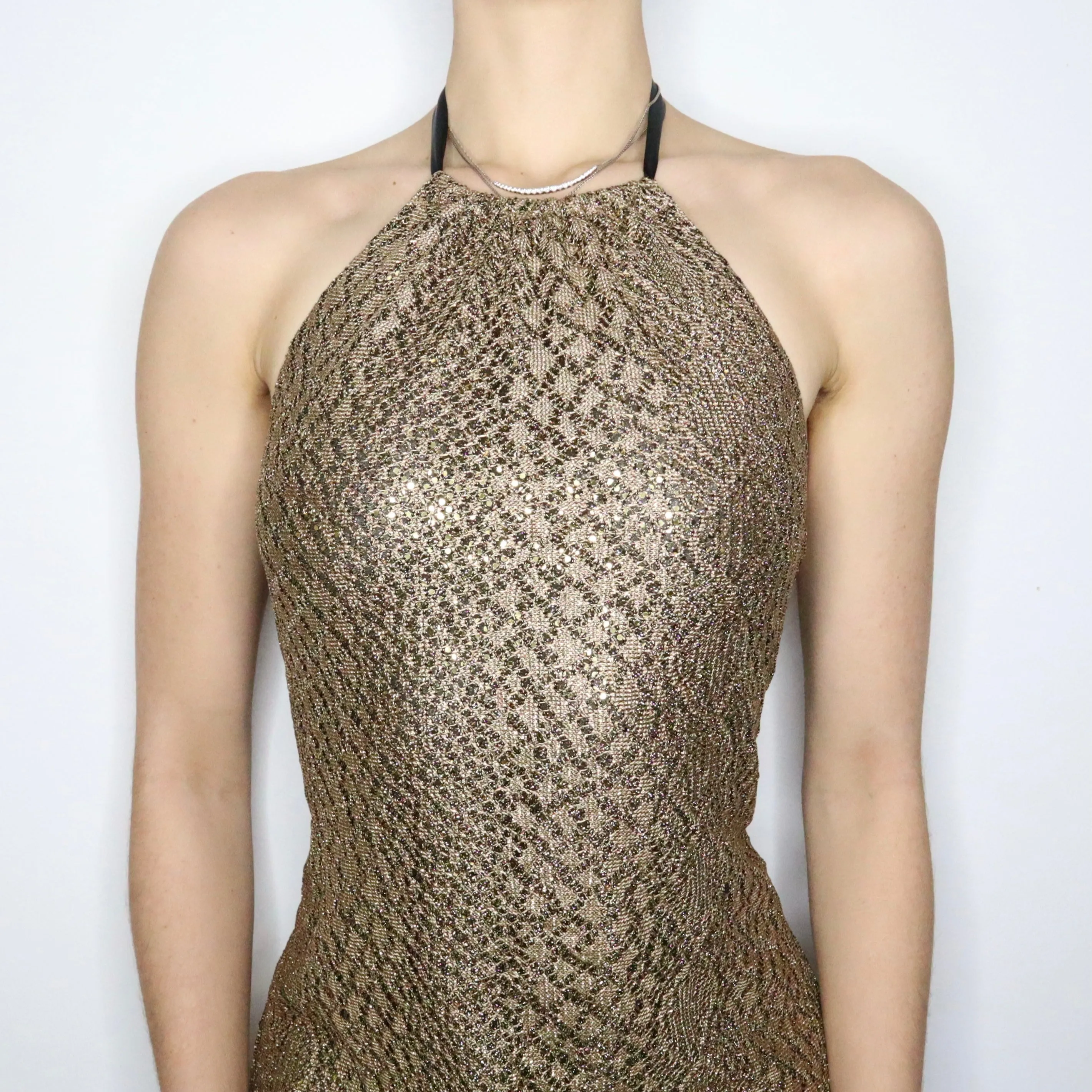 90s Gold Shimmer Crochet Halter Dress (M)