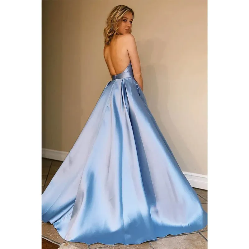 A-line Chic Halter Blue Satin Long Simple Prom Dress Backless