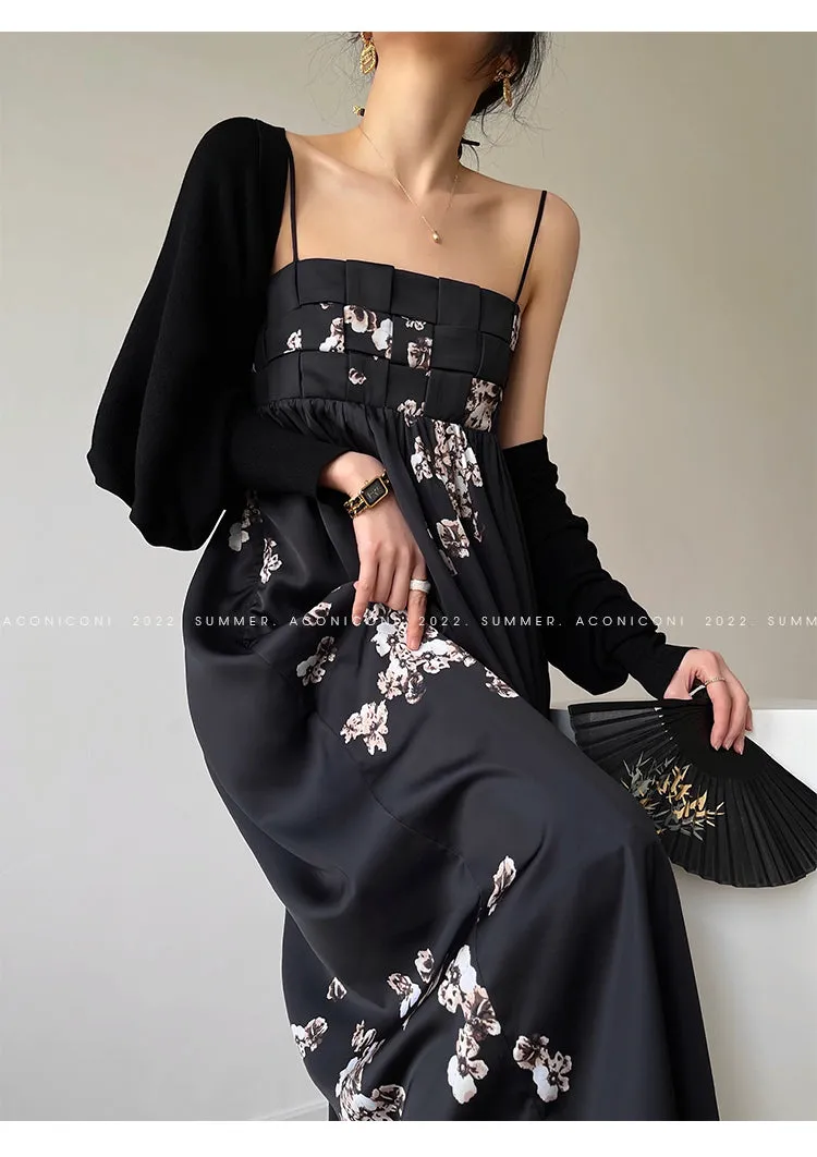 Aconiconi｜Luxury French japanese retro print tube top suspender loose dress - Kimiko