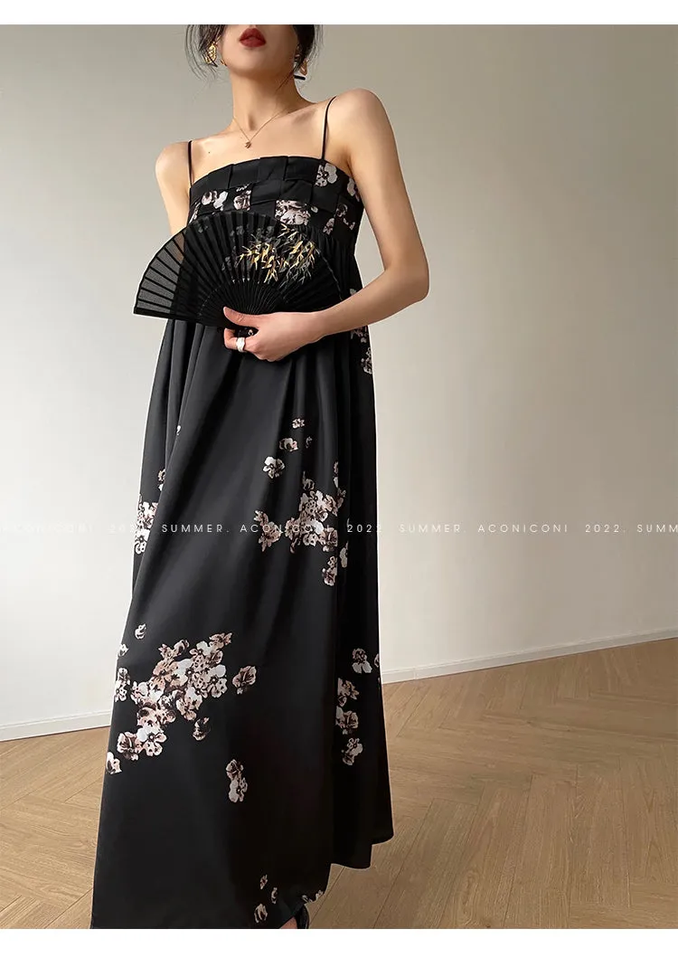 Aconiconi｜Luxury French japanese retro print tube top suspender loose dress - Kimiko