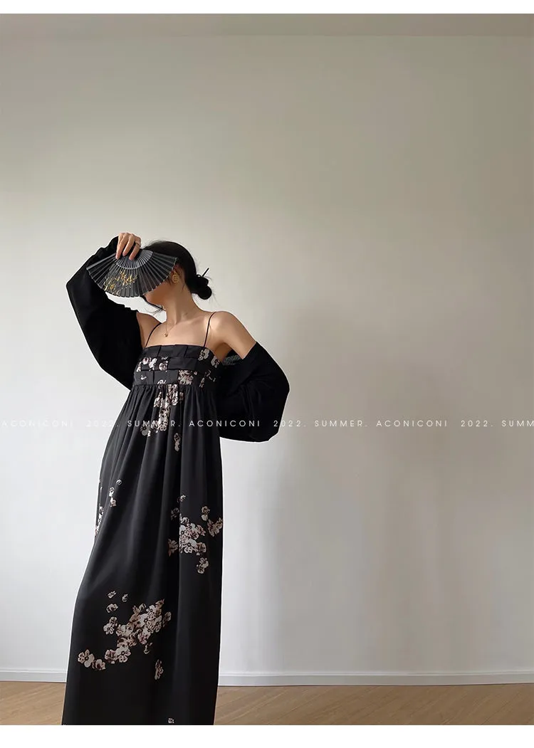 Aconiconi｜Luxury French japanese retro print tube top suspender loose dress - Kimiko