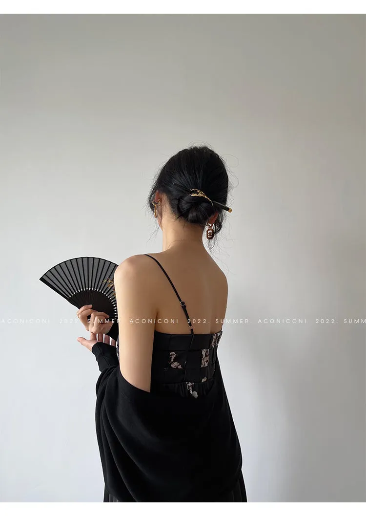 Aconiconi｜Luxury French japanese retro print tube top suspender loose dress - Kimiko