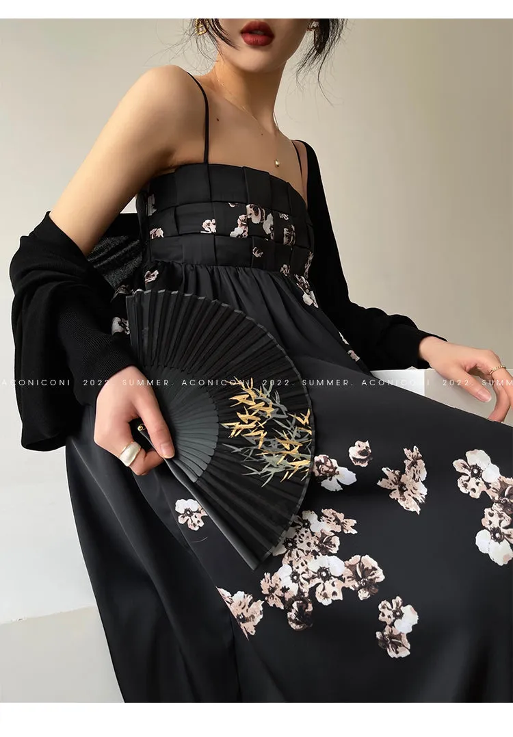 Aconiconi｜Luxury French japanese retro print tube top suspender loose dress - Kimiko