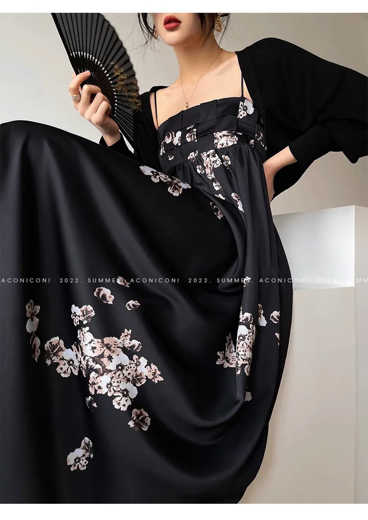 Aconiconi｜Luxury French japanese retro print tube top suspender loose dress - Kimiko