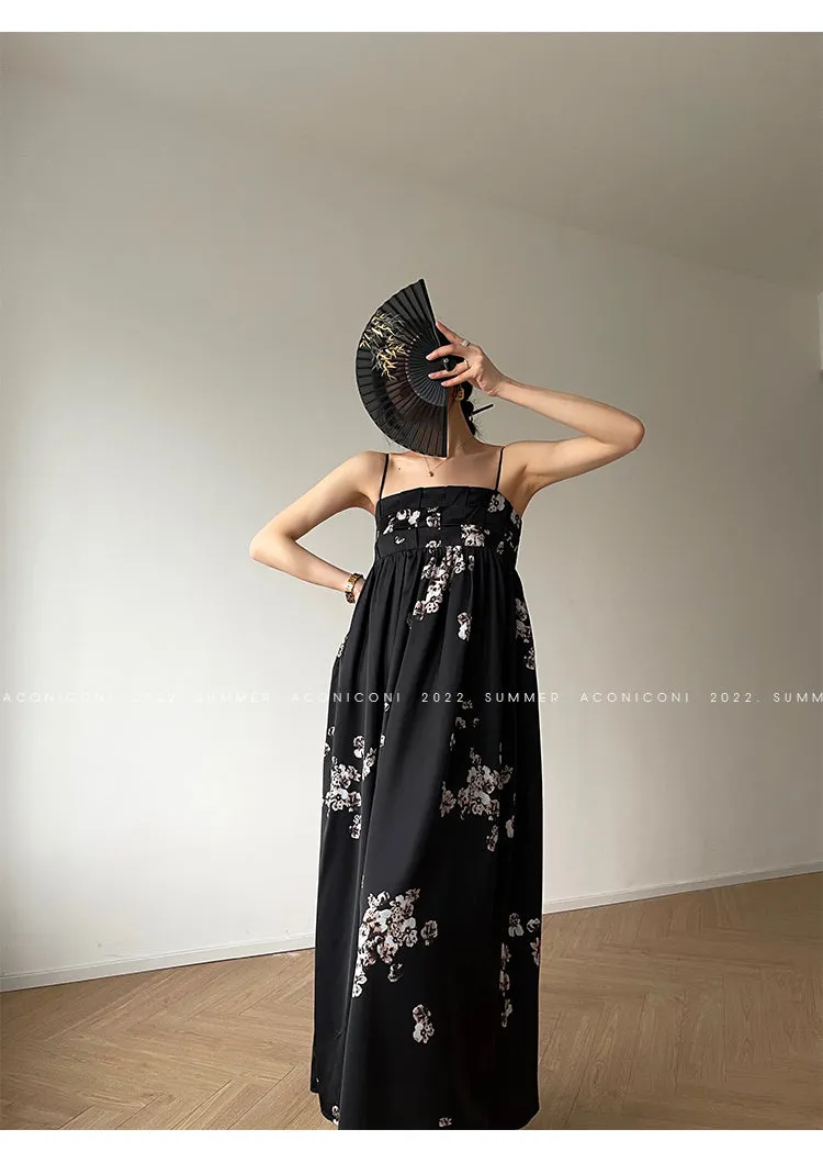 Aconiconi｜Luxury French japanese retro print tube top suspender loose dress - Kimiko