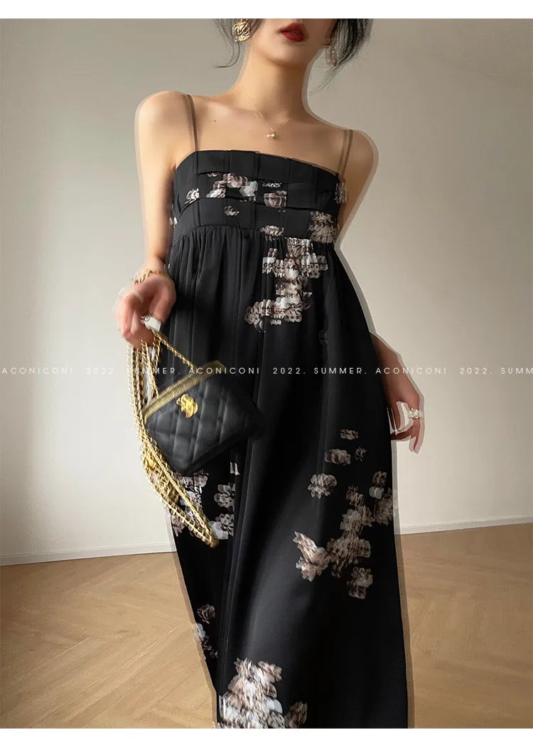 Aconiconi｜Luxury French japanese retro print tube top suspender loose dress - Kimiko