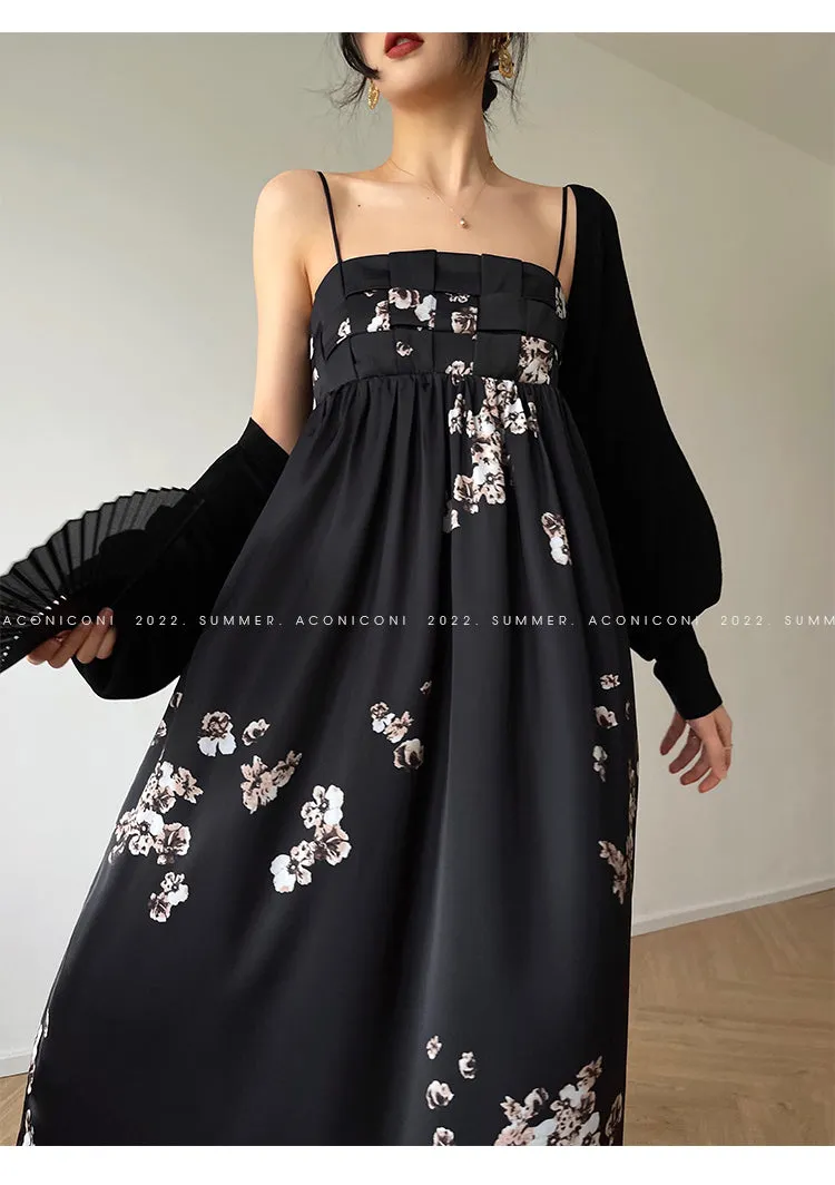 Aconiconi｜Luxury French japanese retro print tube top suspender loose dress - Kimiko