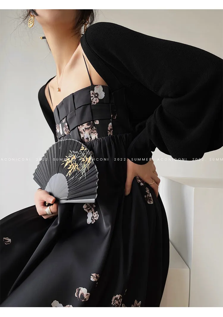 Aconiconi｜Luxury French japanese retro print tube top suspender loose dress - Kimiko