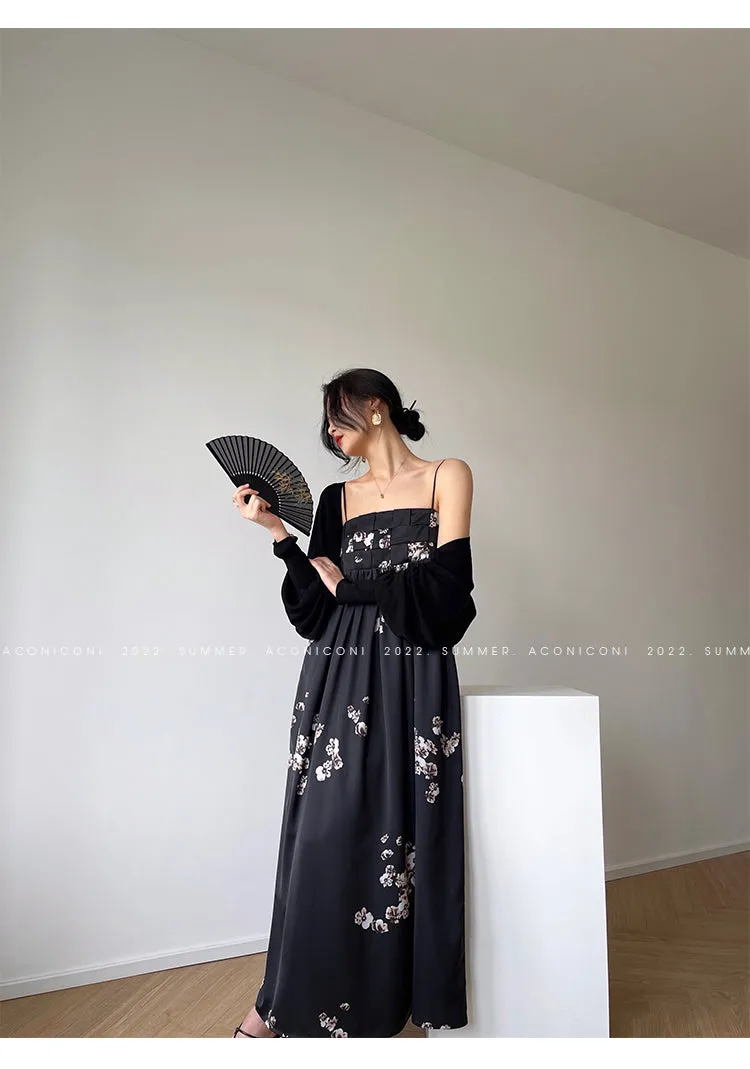 Aconiconi｜Luxury French japanese retro print tube top suspender loose dress - Kimiko