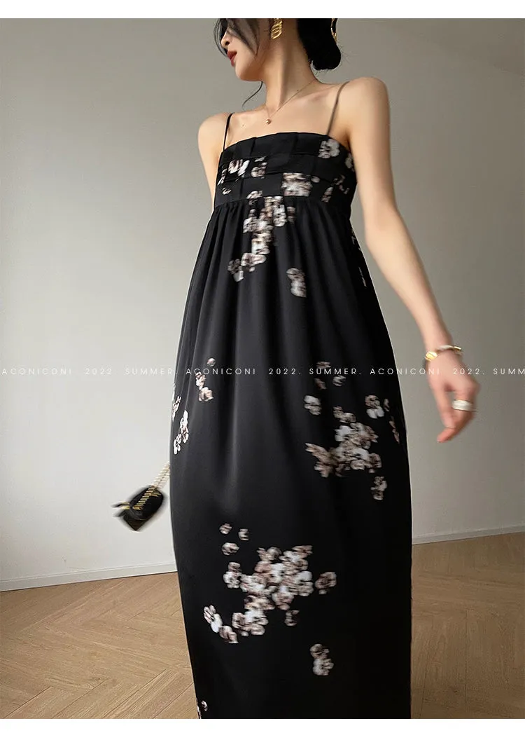 Aconiconi｜Luxury French japanese retro print tube top suspender loose dress - Kimiko