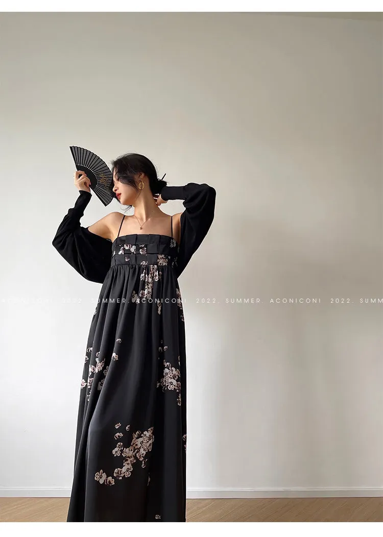 Aconiconi｜Luxury French japanese retro print tube top suspender loose dress - Kimiko