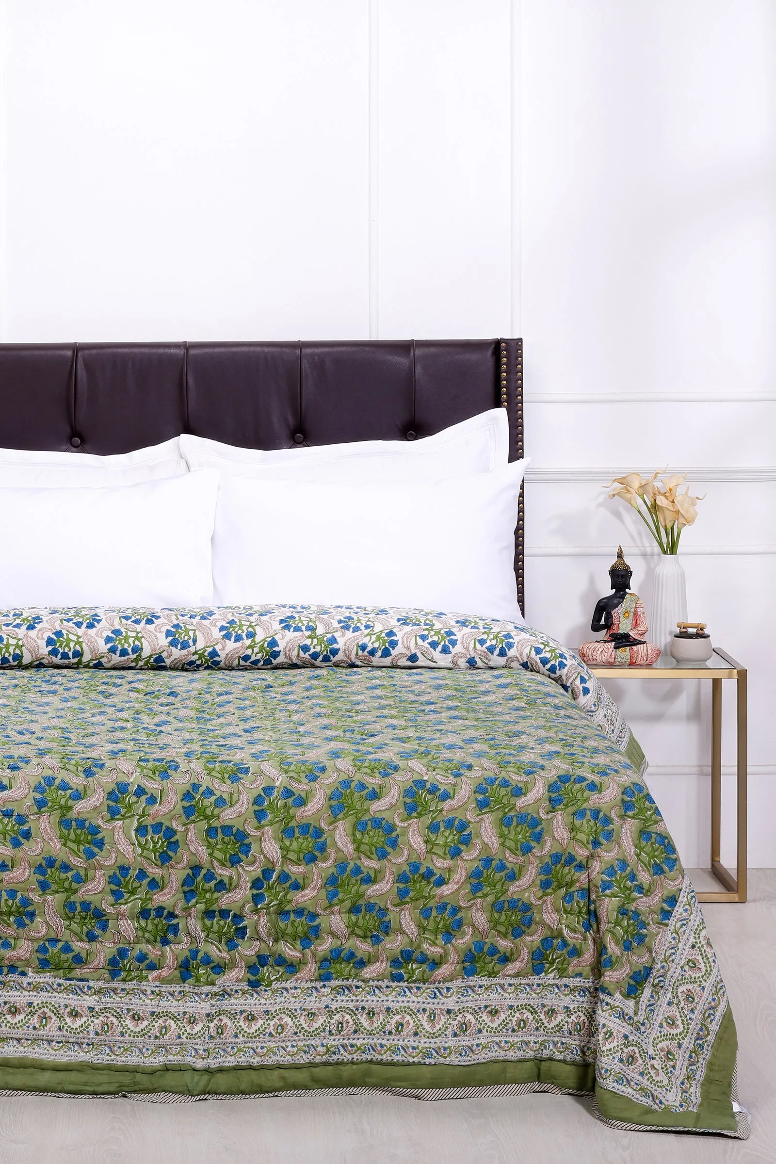 Akshara Butter Cup Bloom Hand Block Printed Green Cotton Muslin Quilt