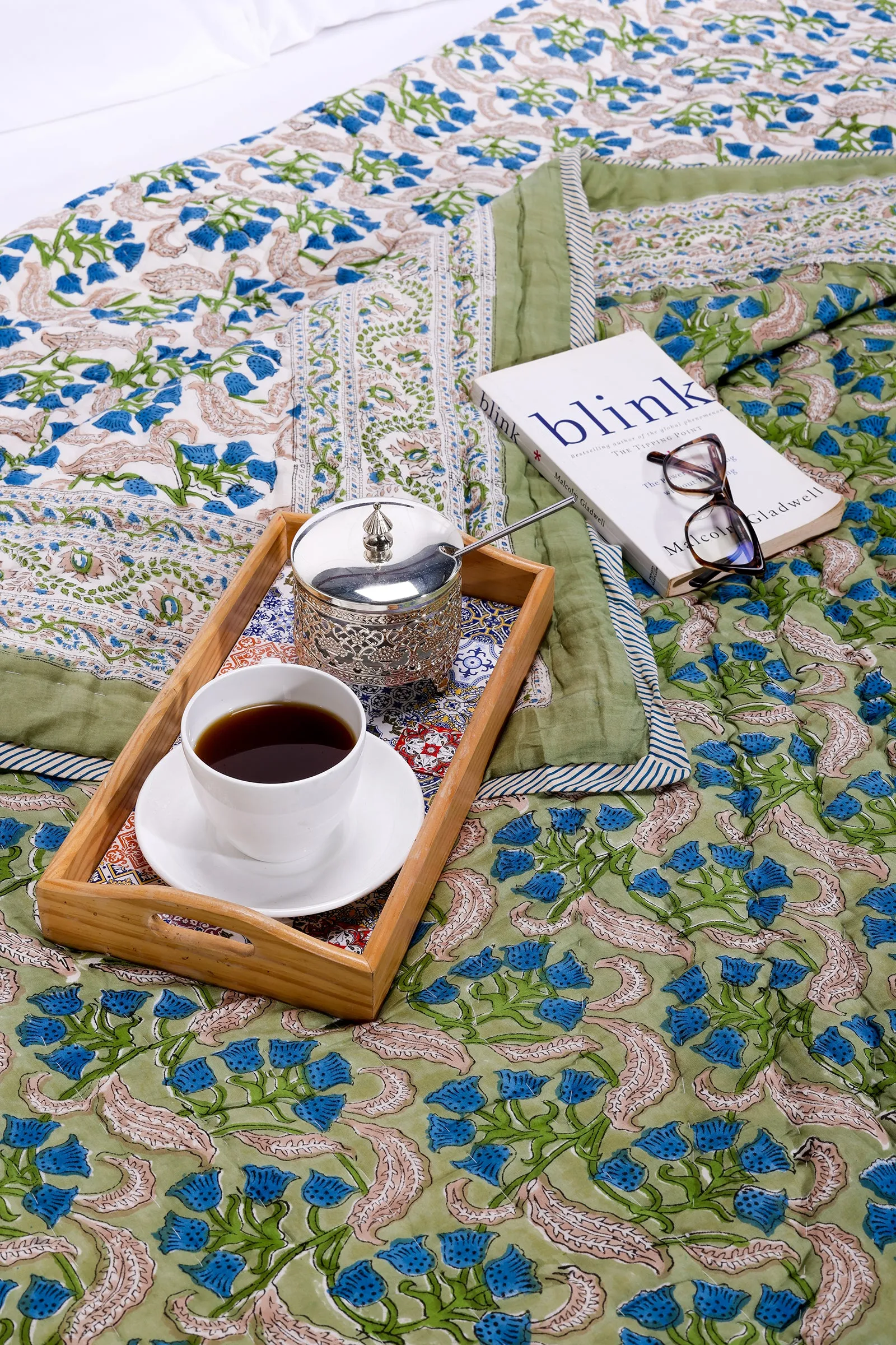 Akshara Butter Cup Bloom Hand Block Printed Green Cotton Muslin Quilt