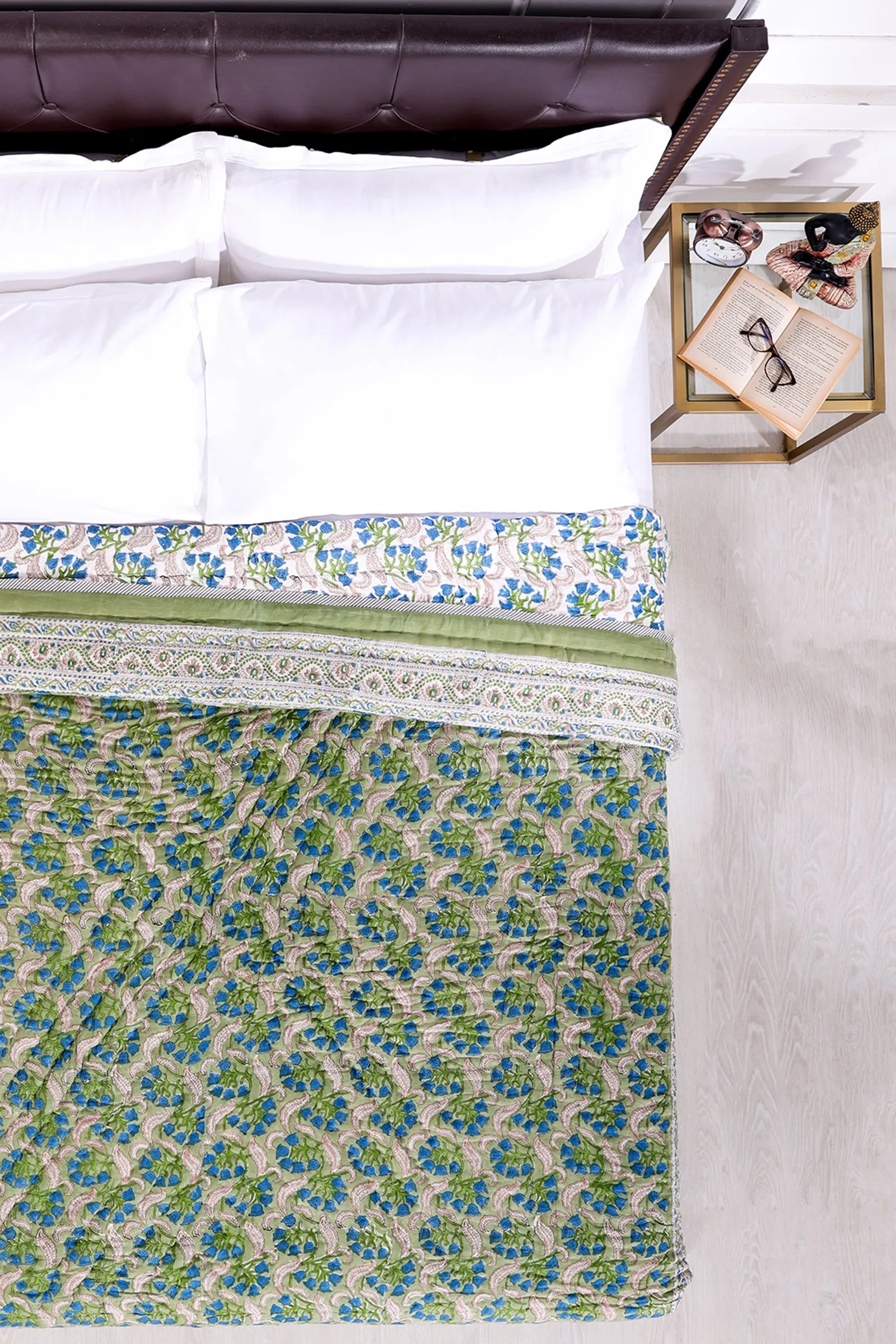 Akshara Butter Cup Bloom Hand Block Printed Green Cotton Muslin Quilt