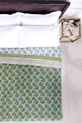 Akshara Butter Cup Bloom Hand Block Printed Green Cotton Muslin Quilt