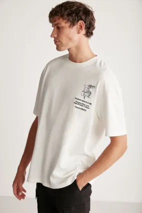 Alonzo Men's Oversizle Fit 100 %Cotton Embroidery and Printed Ecru T-shirt