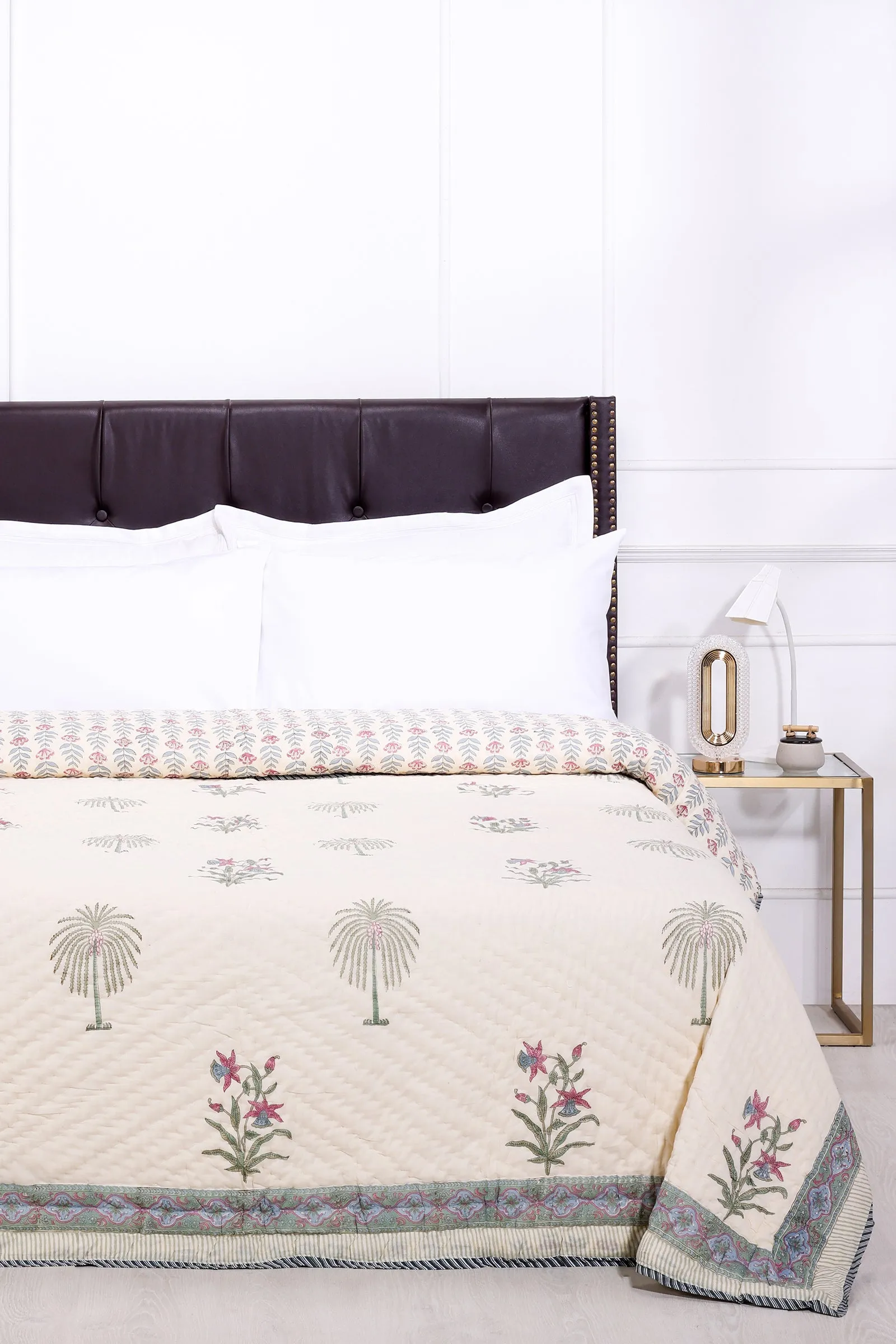 Amelia Floral Hand Block Printed Pink Cotton Muslin Quilt