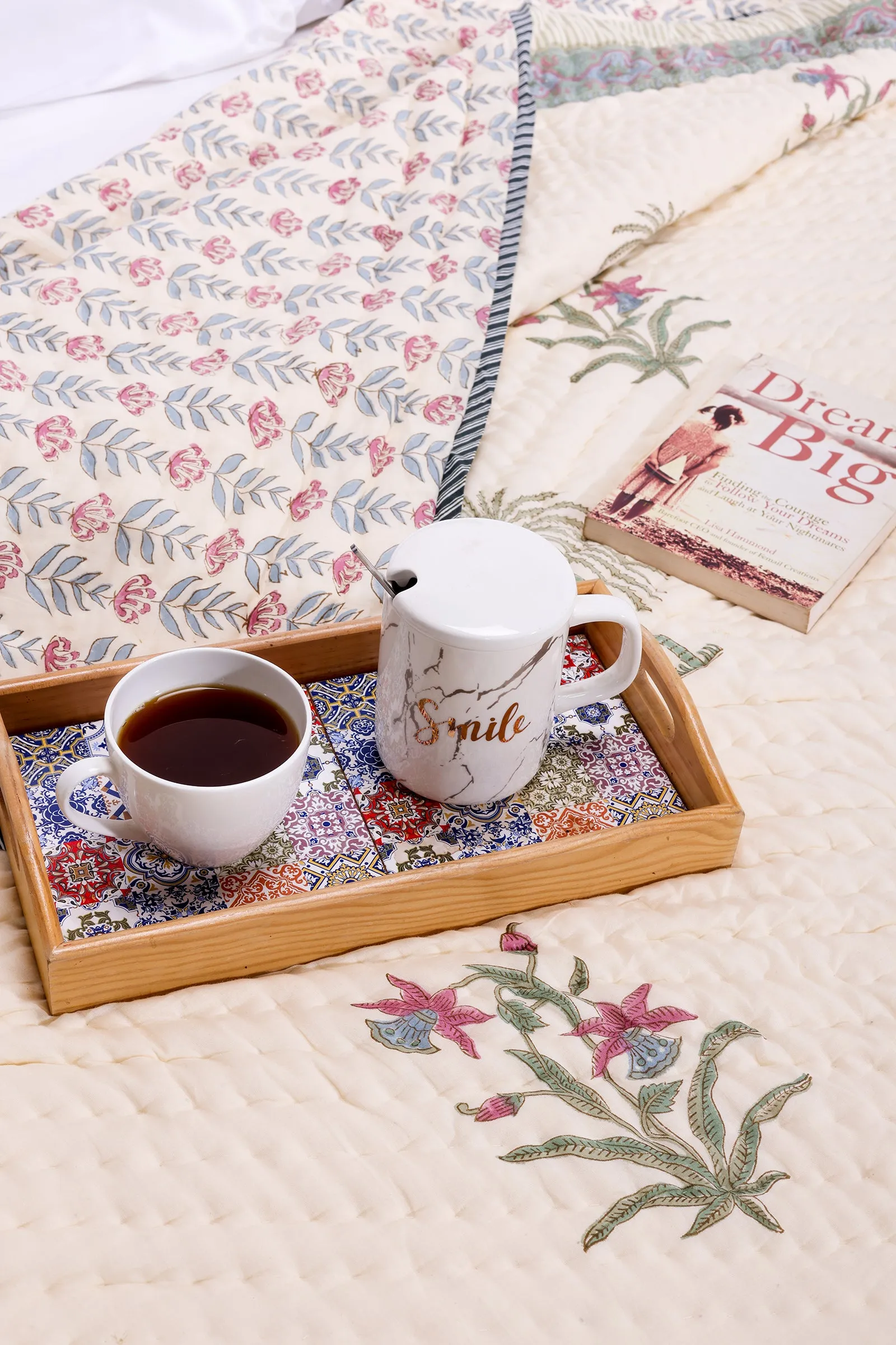 Amelia Floral Hand Block Printed Pink Cotton Muslin Quilt