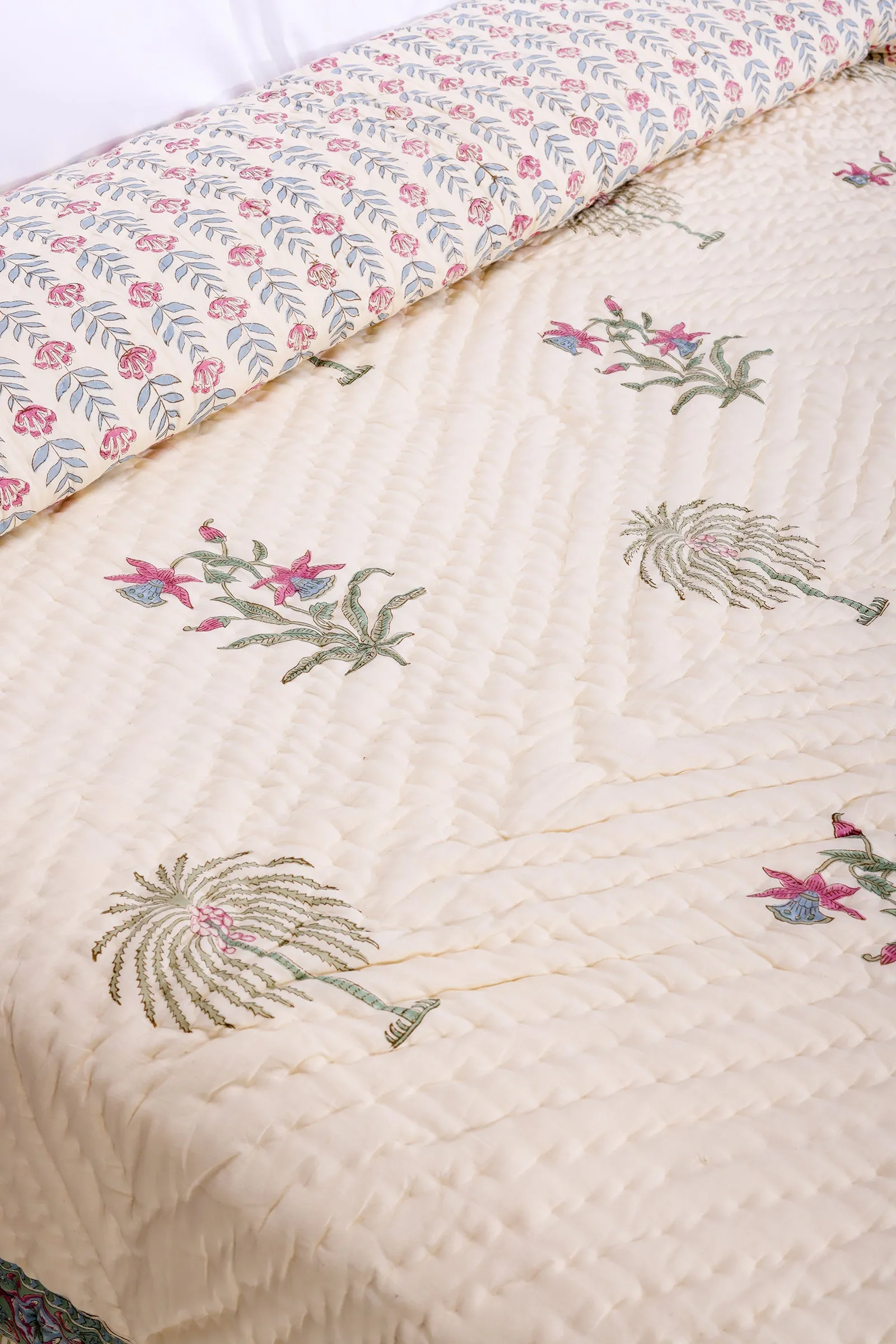 Amelia Floral Hand Block Printed Pink Cotton Muslin Quilt