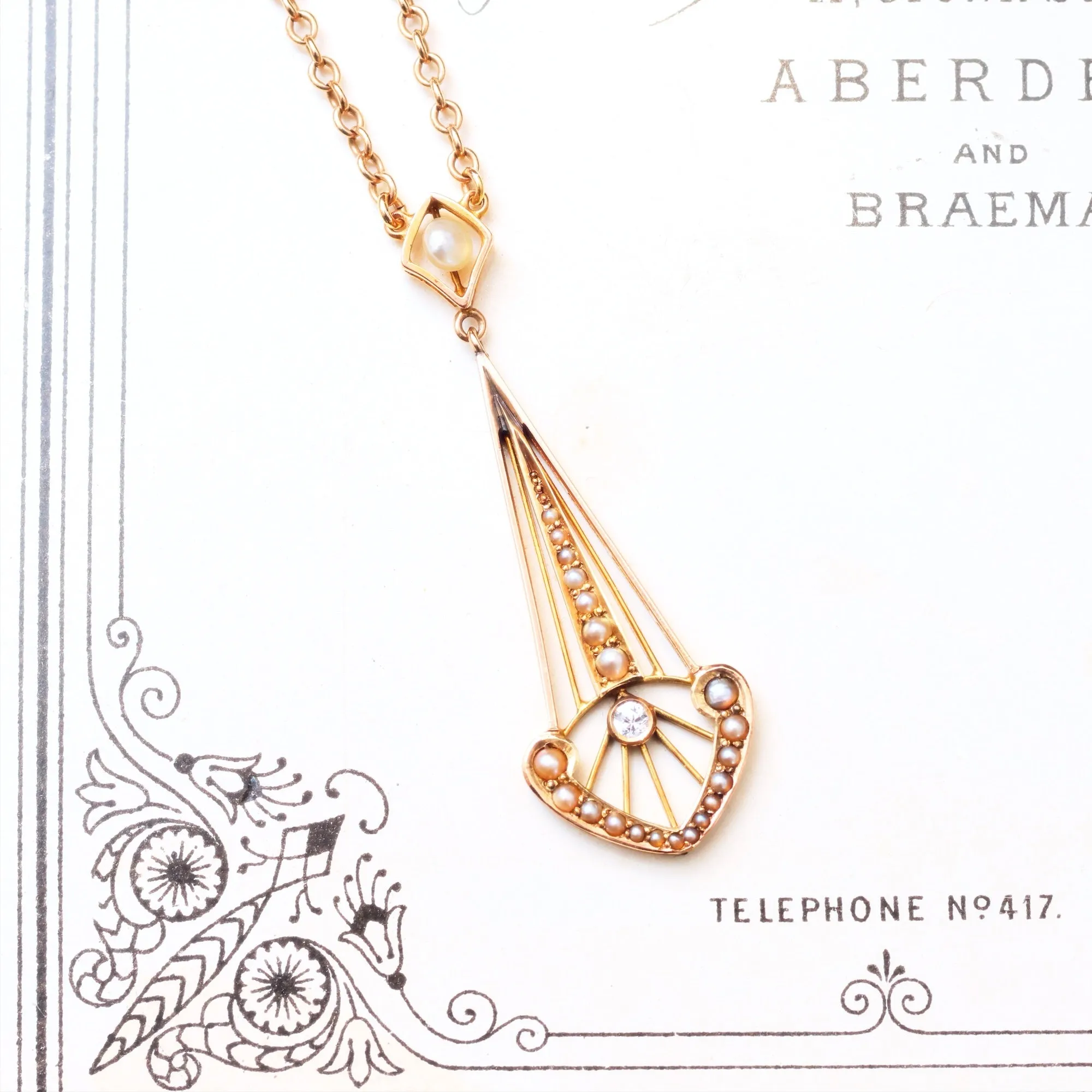Antique Art Nouveau Diamond & Wild Seed Pearl Pendant