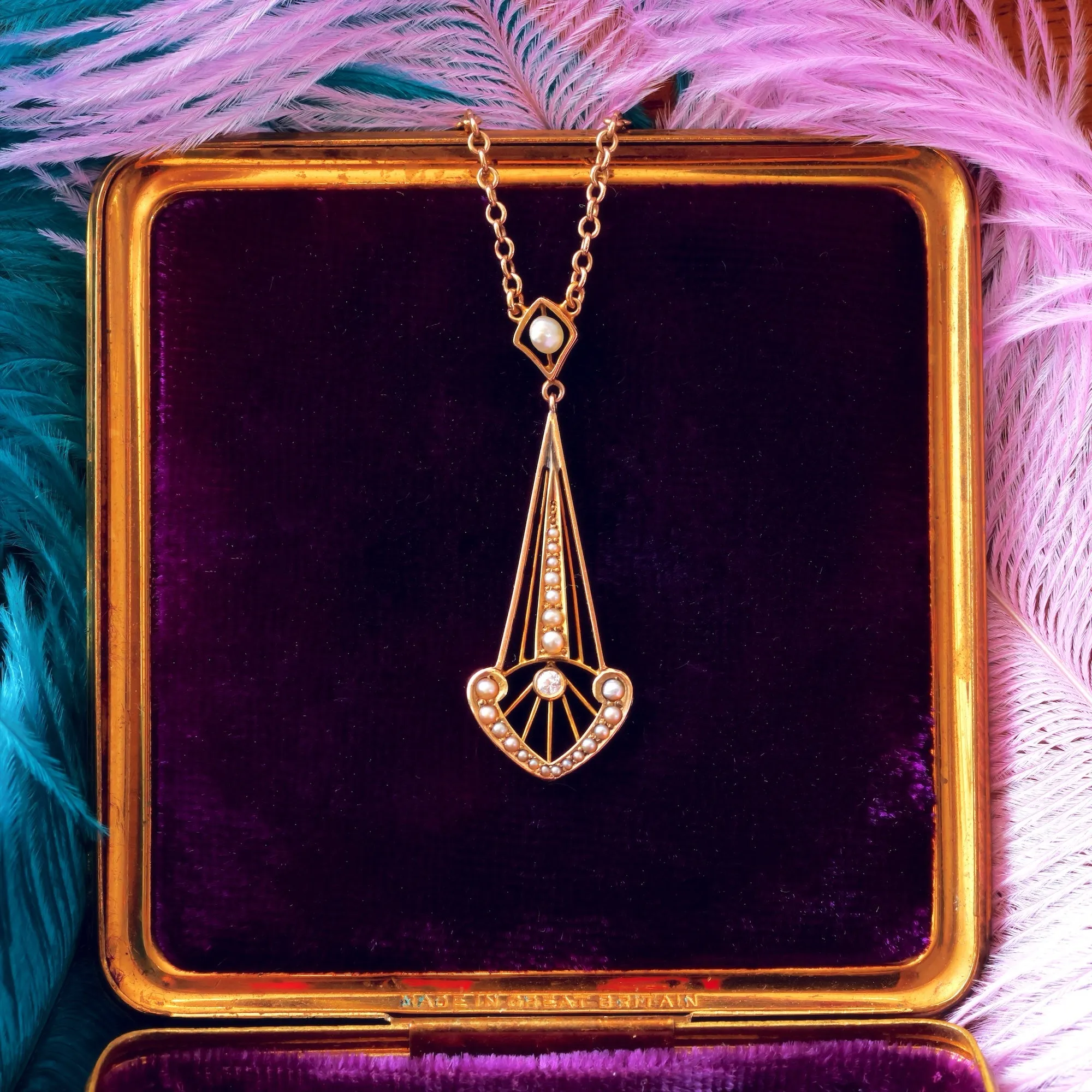 Antique Art Nouveau Diamond & Wild Seed Pearl Pendant