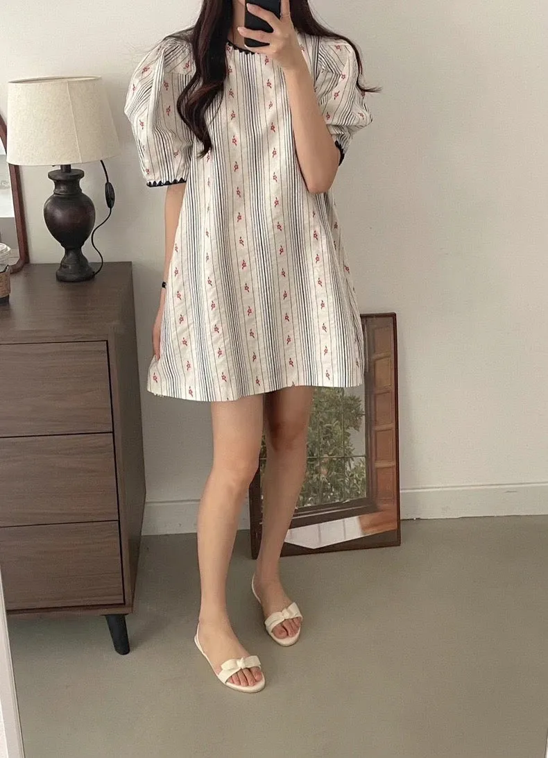 Babydoll Striped Mini Dress with Embroidered Flowers