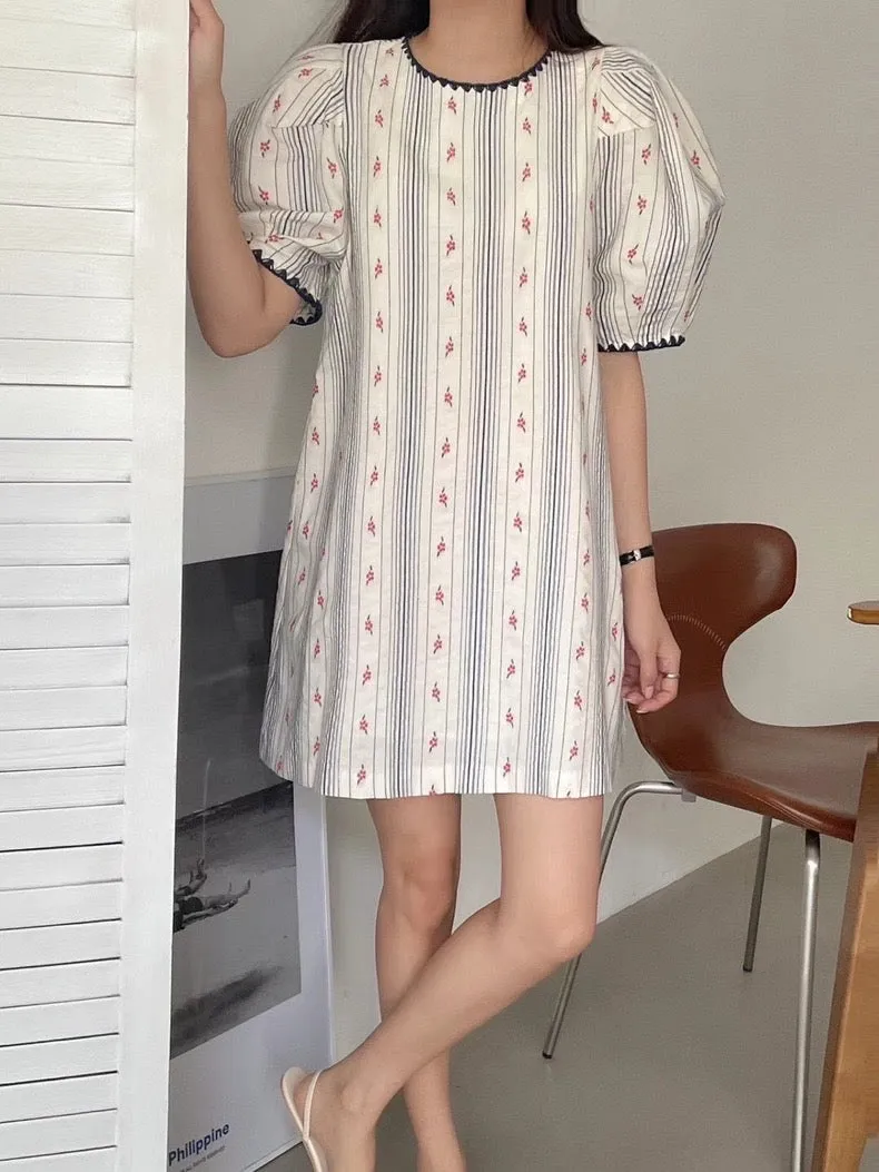 Babydoll Striped Mini Dress with Embroidered Flowers