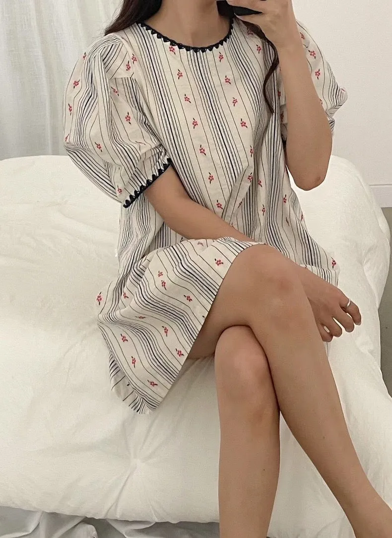 Babydoll Striped Mini Dress with Embroidered Flowers
