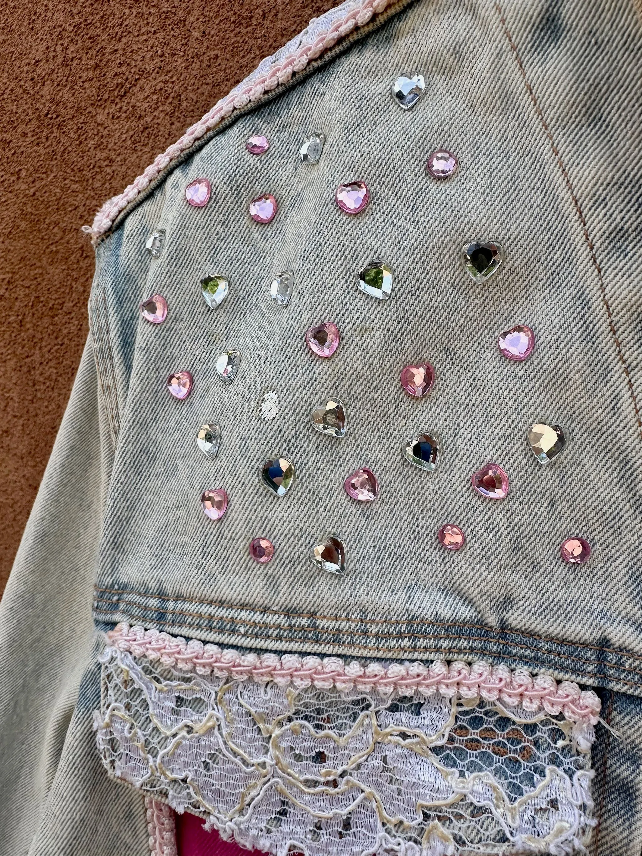 Bedazzled Pink Acid Wash Denim Jacket