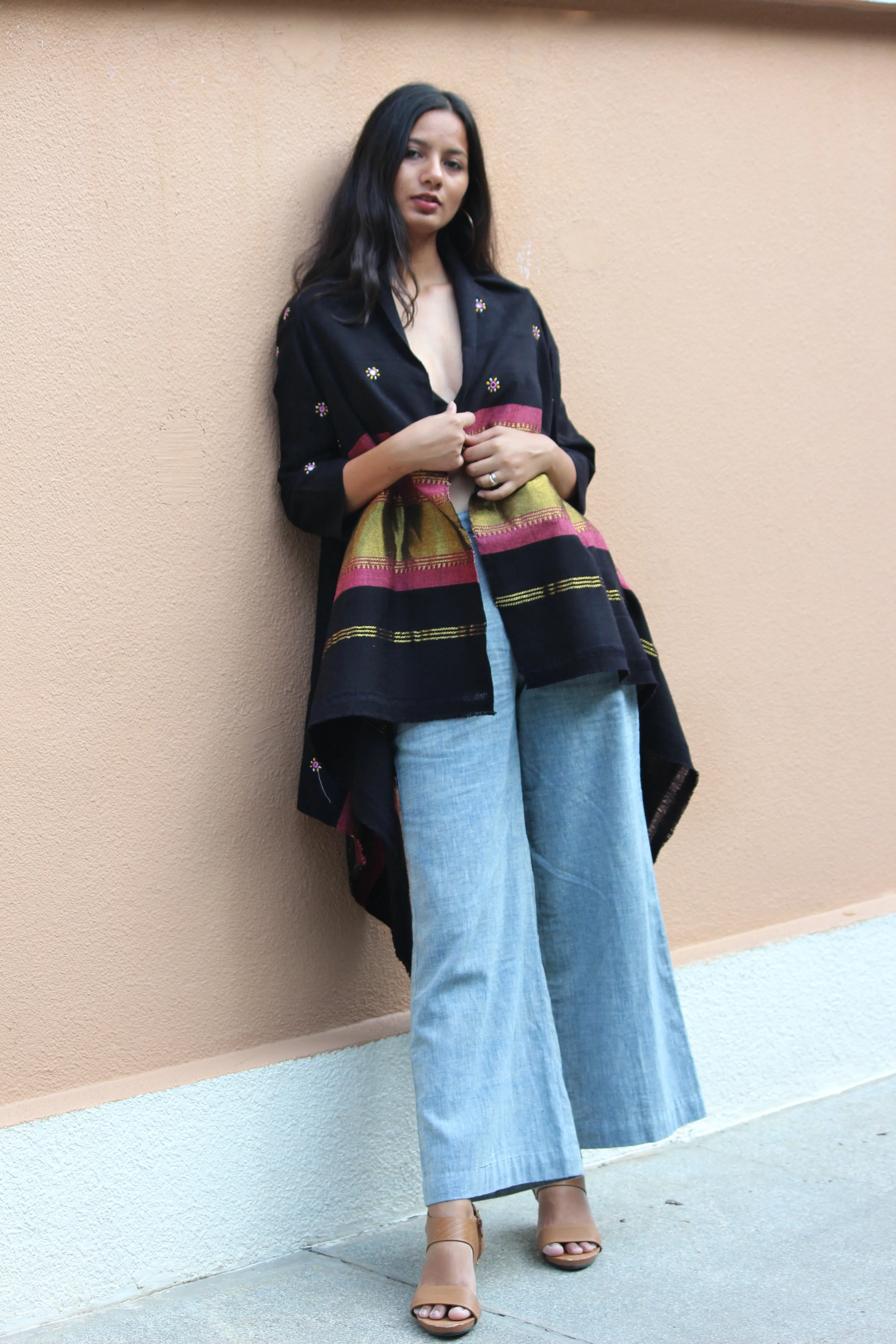 Black And Pastel Pink Handwoven and Embroidered Woolen Open Shawl Jacket