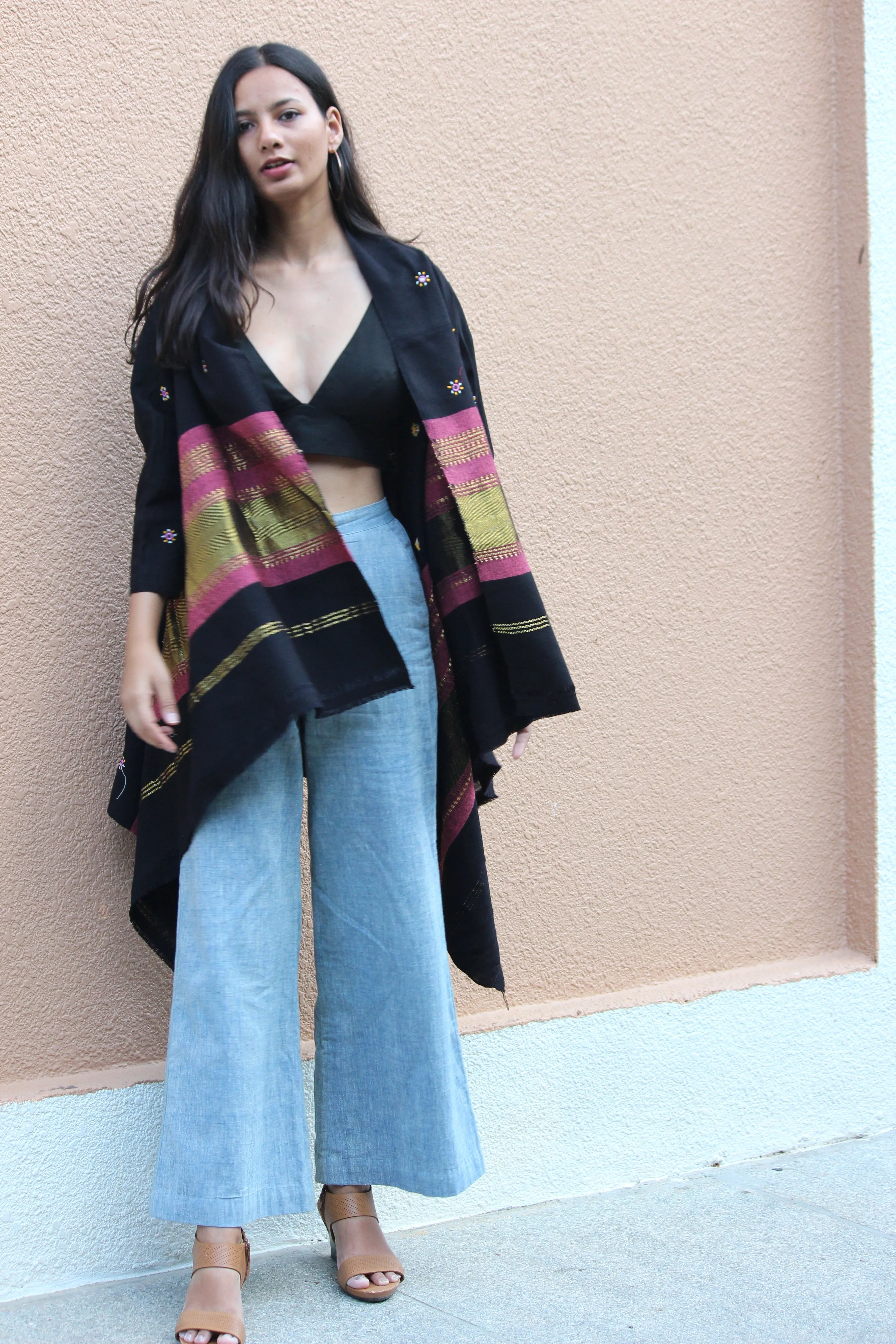 Black And Pastel Pink Handwoven and Embroidered Woolen Open Shawl Jacket