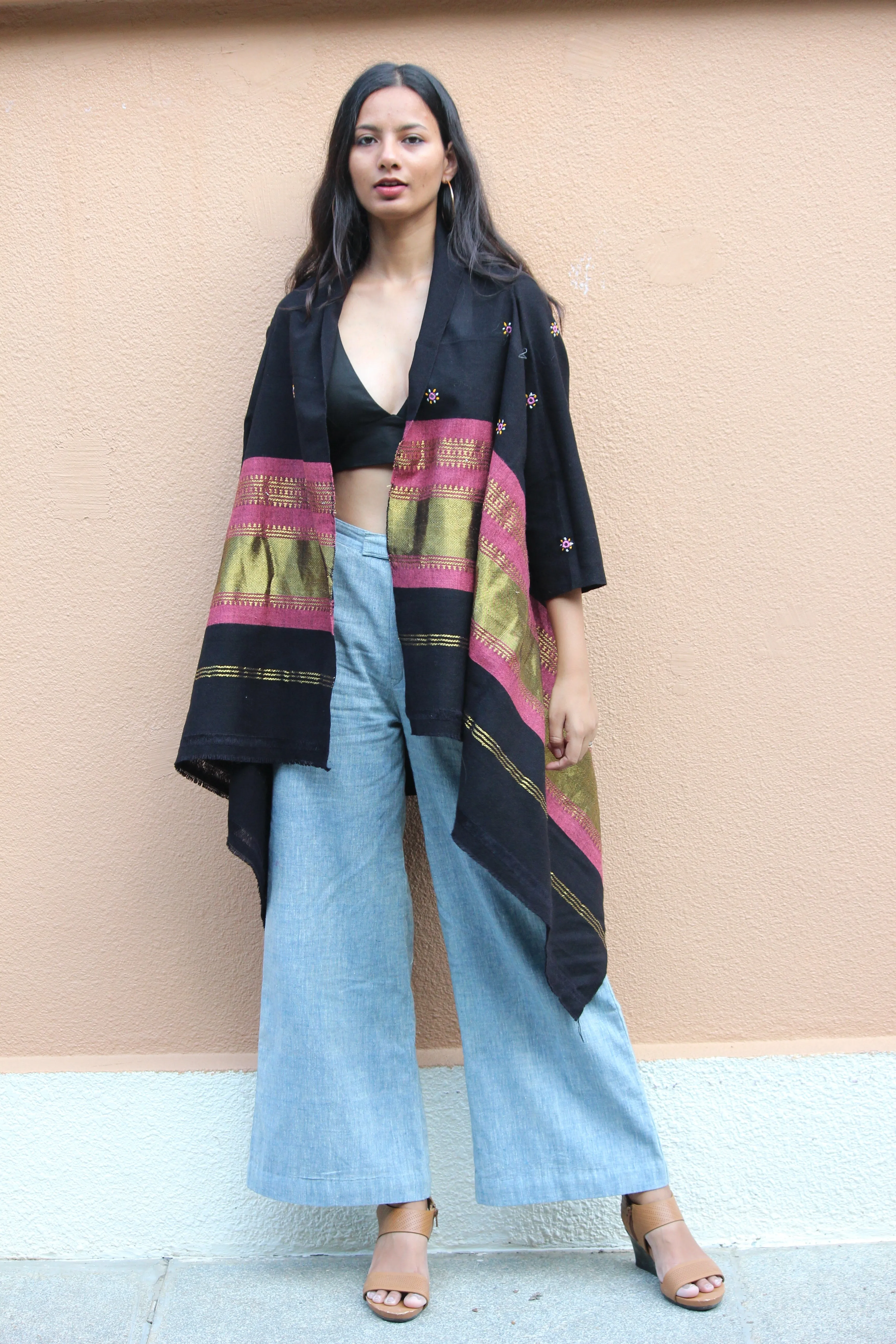 Black And Pastel Pink Handwoven and Embroidered Woolen Open Shawl Jacket