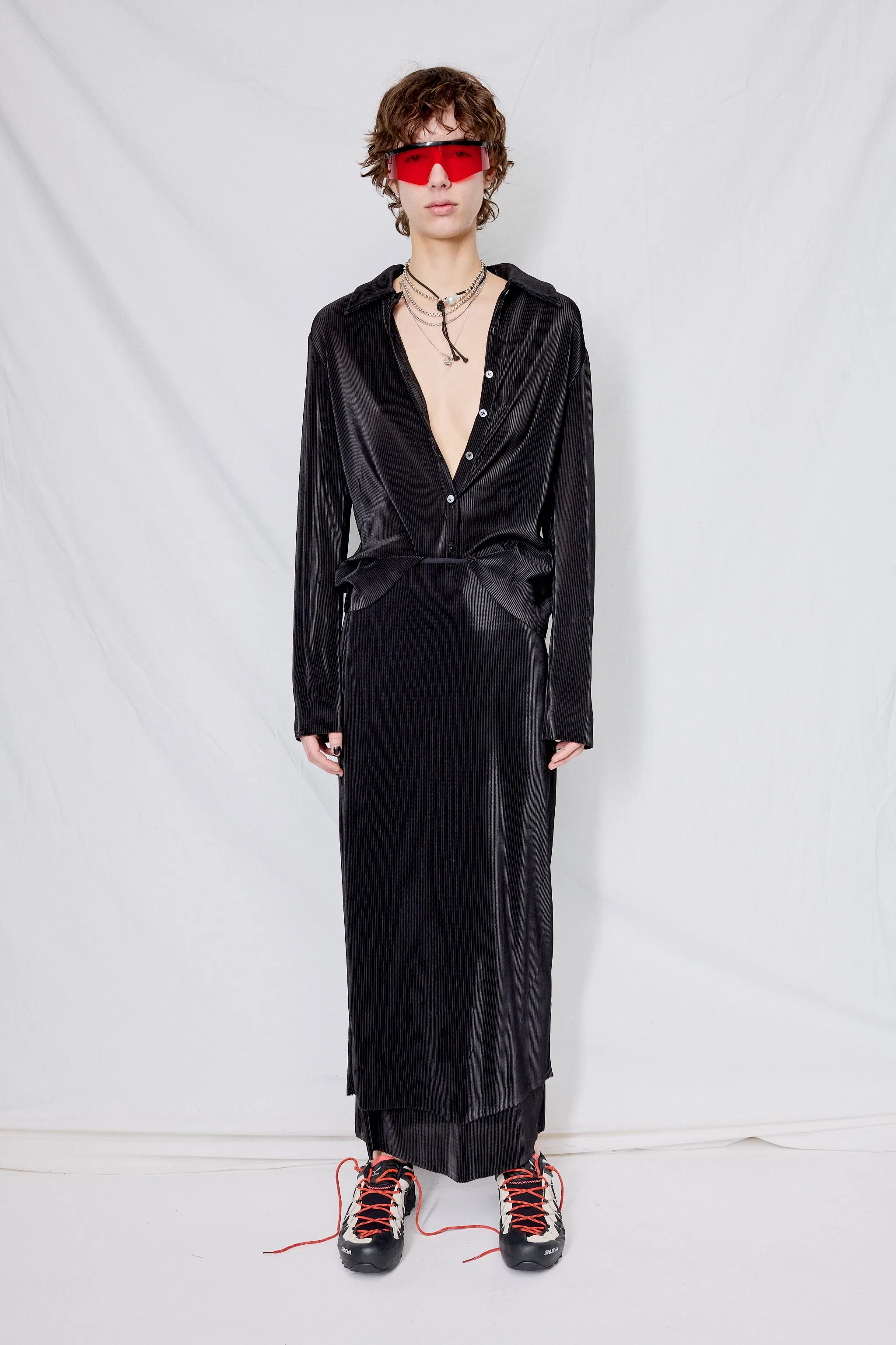 Black Plisse Layered Maxi Skirt
