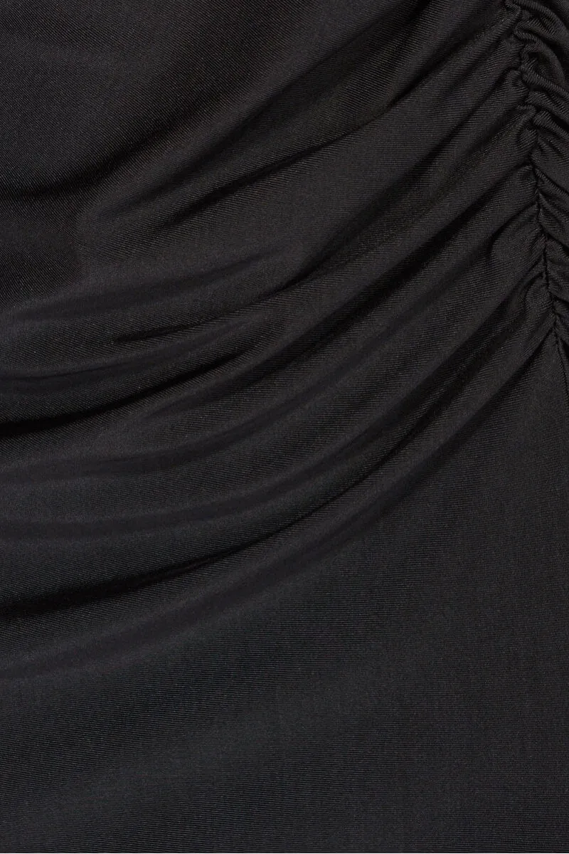 Black Slinky Gather Thigh Split Halterneck Maxi Dress