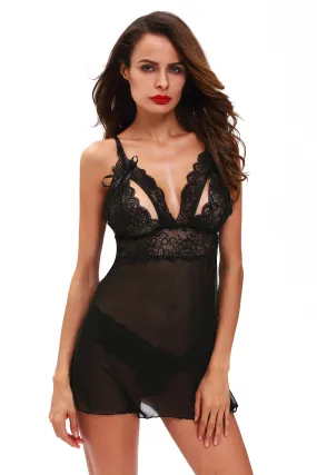 Black Sweetheart Peek-a-boo Scalloped Lace Decor Babydoll