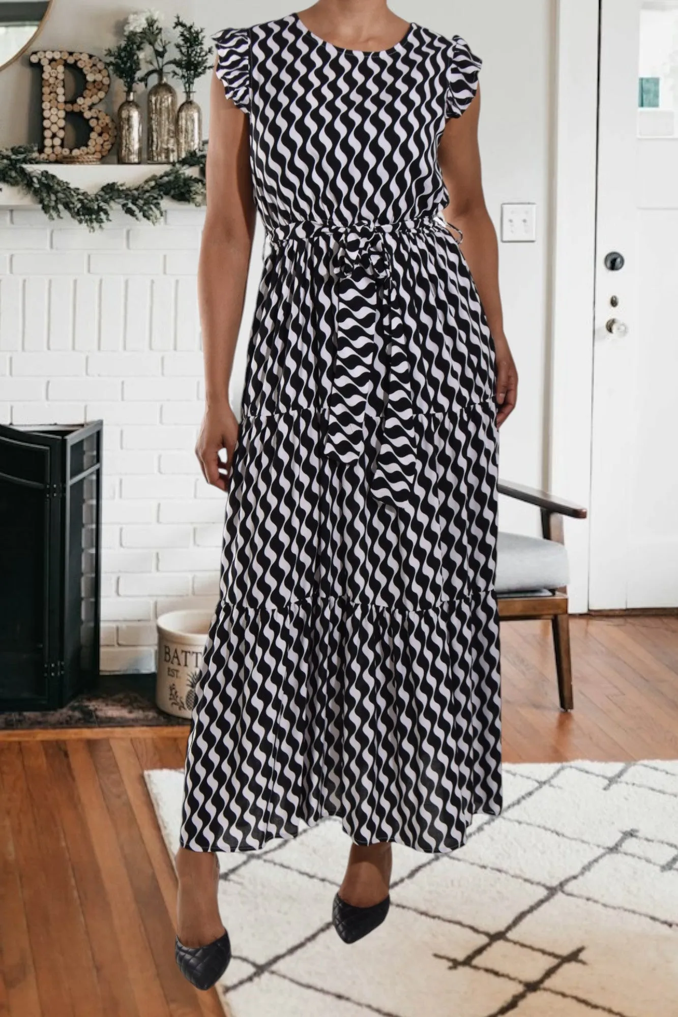 Black Swirl Print Ruffle Tie Dress