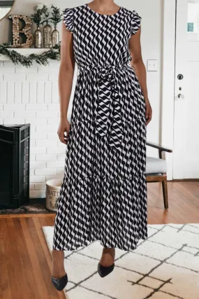 Black Swirl Print Ruffle Tie Dress