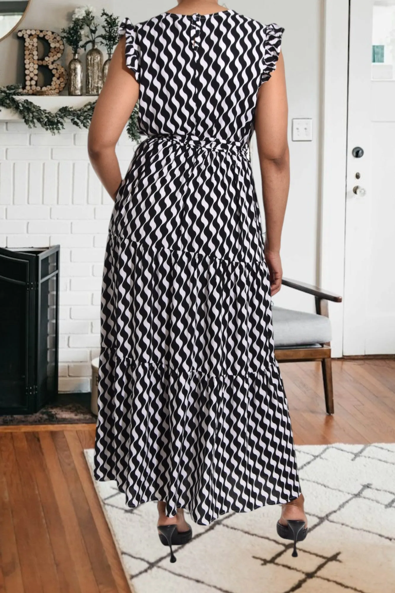Black Swirl Print Ruffle Tie Dress