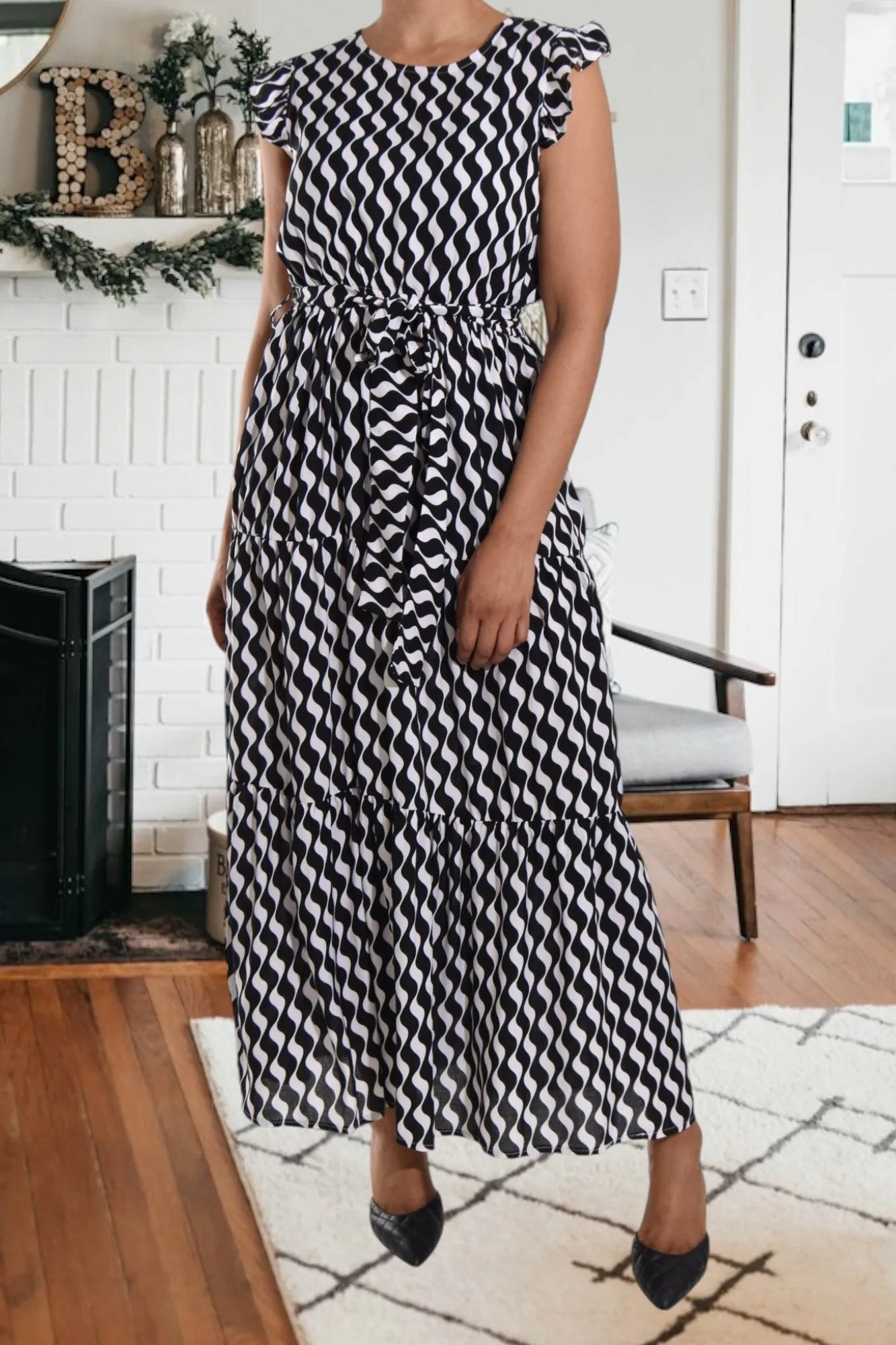 Black Swirl Print Ruffle Tie Dress