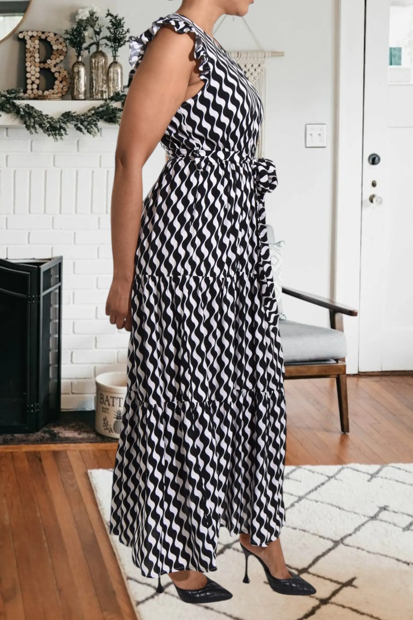 Black Swirl Print Ruffle Tie Dress