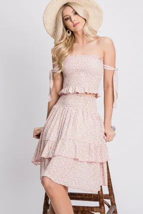 BLUSH STRING BODICE CROP TOP AND RUFFLED LAYERED SKIRT SET SOIN2029