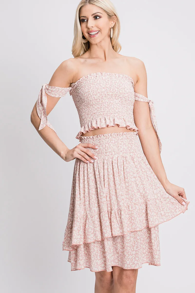 BLUSH STRING BODICE CROP TOP AND RUFFLED LAYERED SKIRT SET SOIN2029