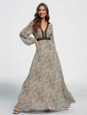 Bonnyshow Leopard Print V Neck Long Maxi Dress