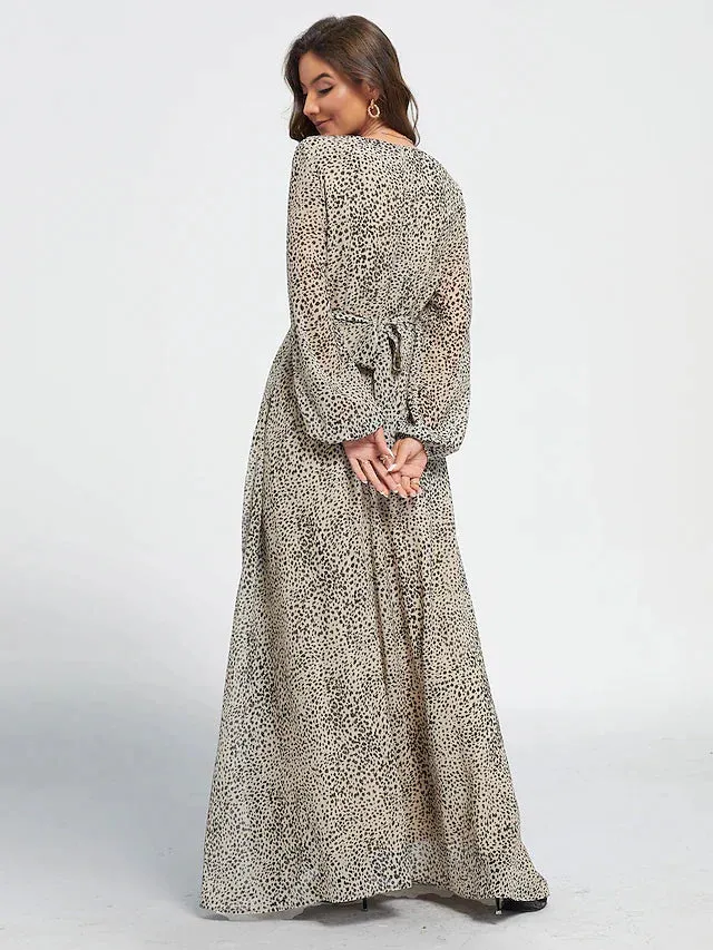 Bonnyshow Leopard Print V Neck Long Maxi Dress