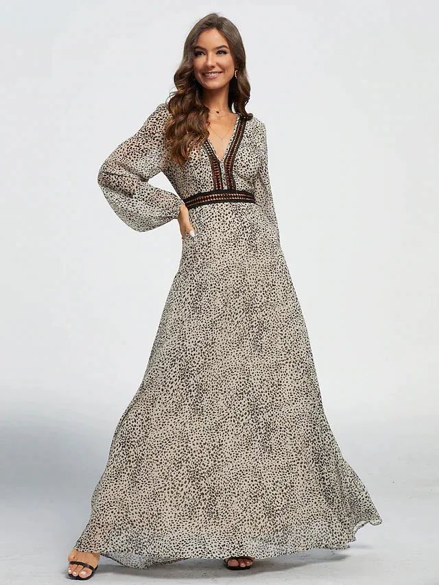 Bonnyshow Leopard Print V Neck Long Maxi Dress