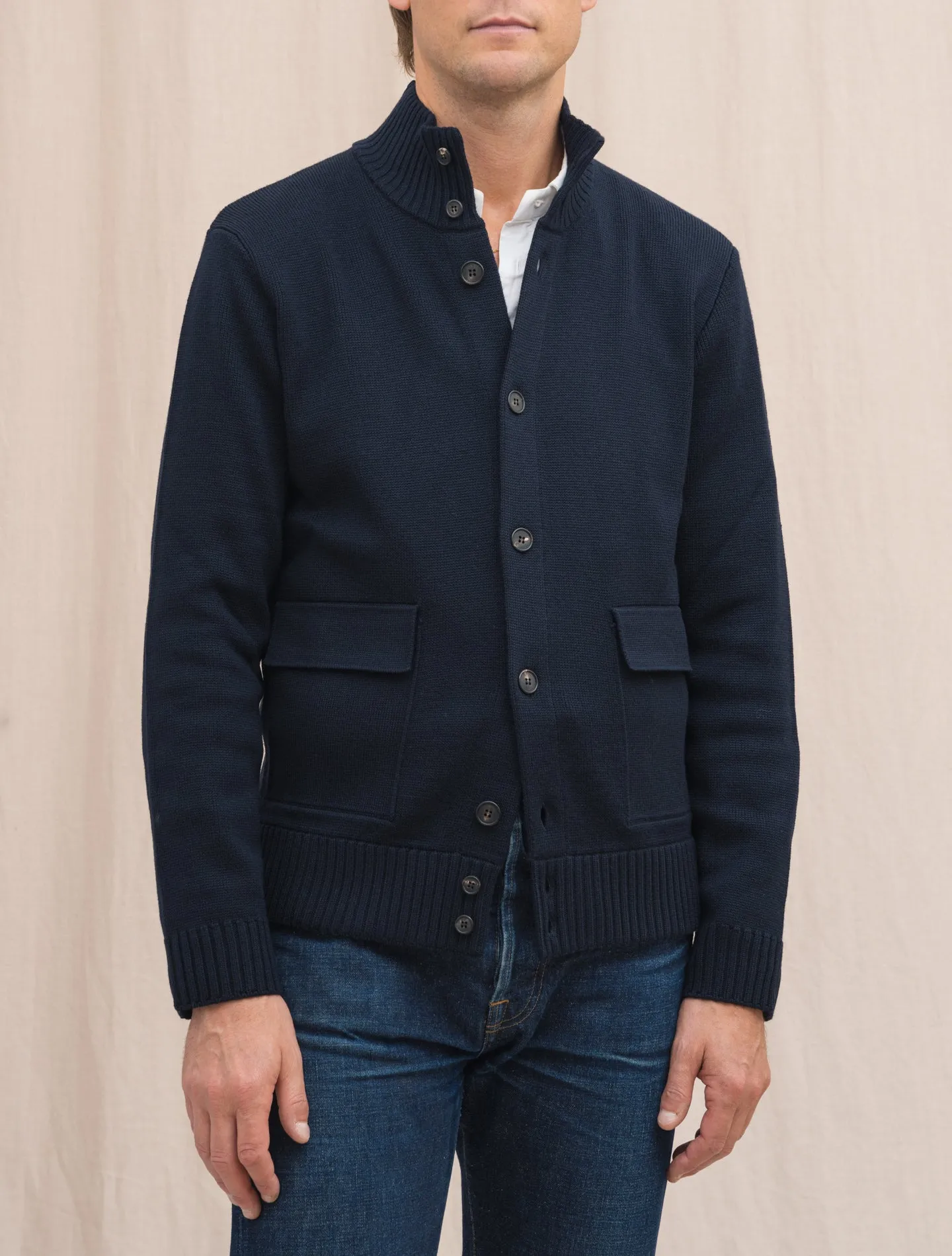 Brera Heavy Knitted Merino Wool Cardigan Navy