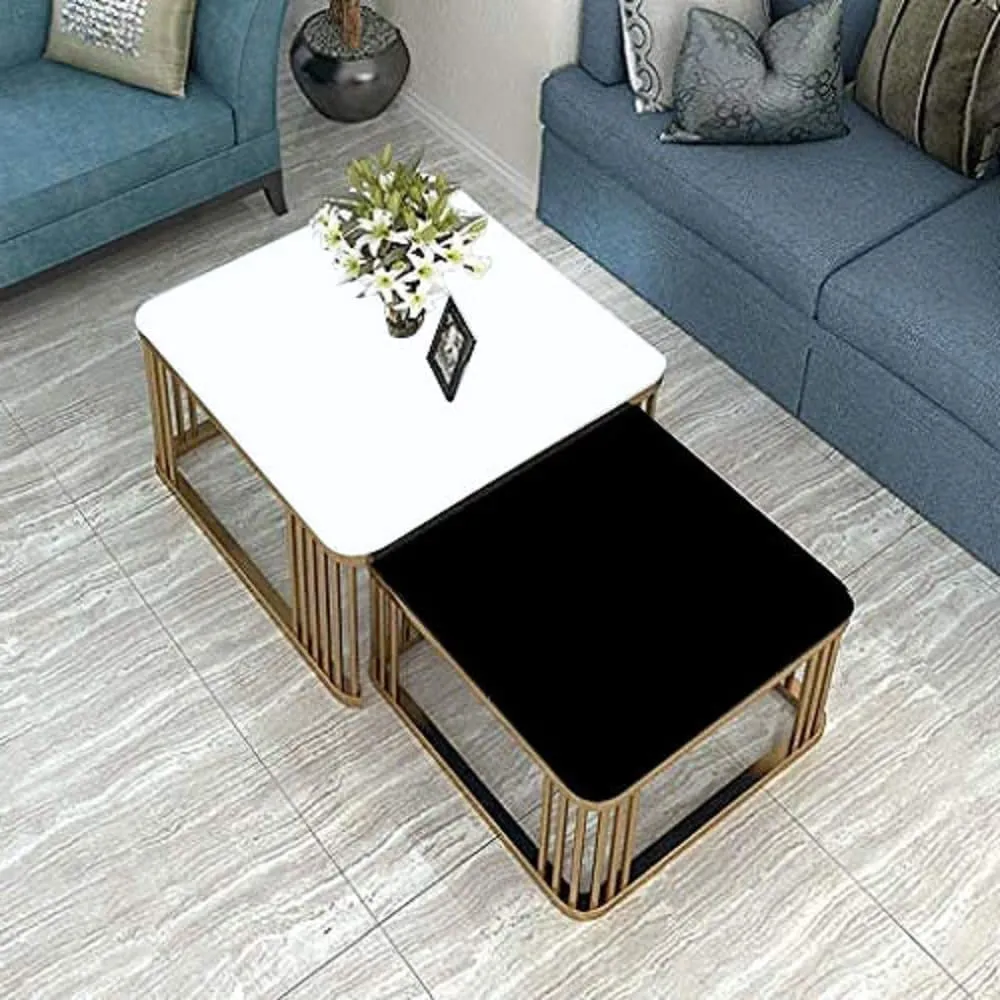 BROWN ART SHOPPEE Square Coffee Table Home Décor Furniture Coffee Table Sets,2 Piece MDF Top,Stacking Nesting Table with Iron Frame for Living Room Living Room or Lounge (Gold & White & Black)