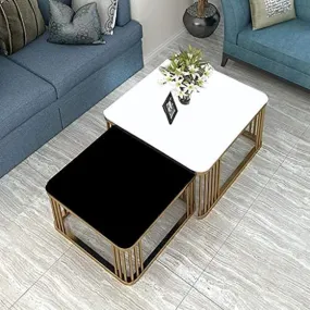BROWN ART SHOPPEE Square Coffee Table Home Décor Furniture Coffee Table Sets,2 Piece MDF Top,Stacking Nesting Table with Iron Frame for Living Room Living Room or Lounge (Gold & White & Black)